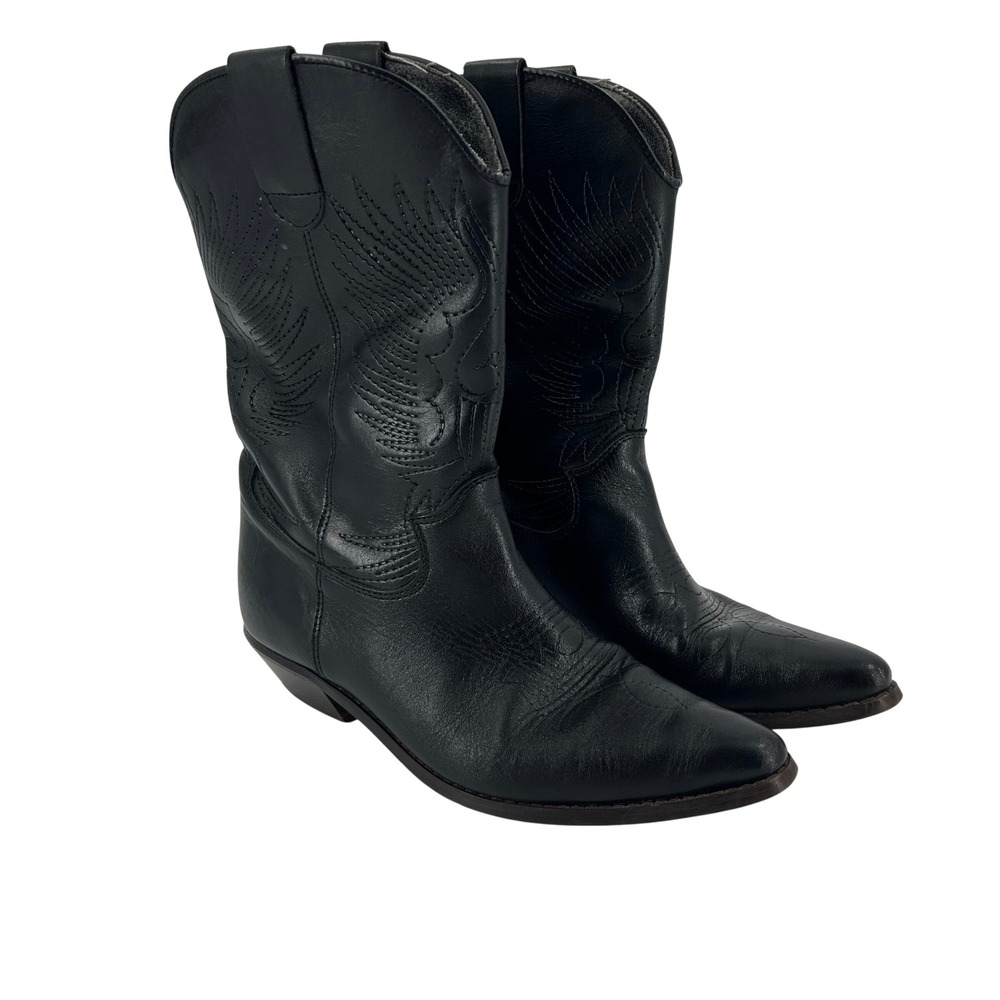 Women Black Western Cowboy Boots Pointed Toe Eagle Stitched Pull On 9.5